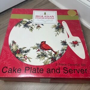 Holiday Inspirations Ceramic Cake Plate Server Set Cardinal Berries Christmas